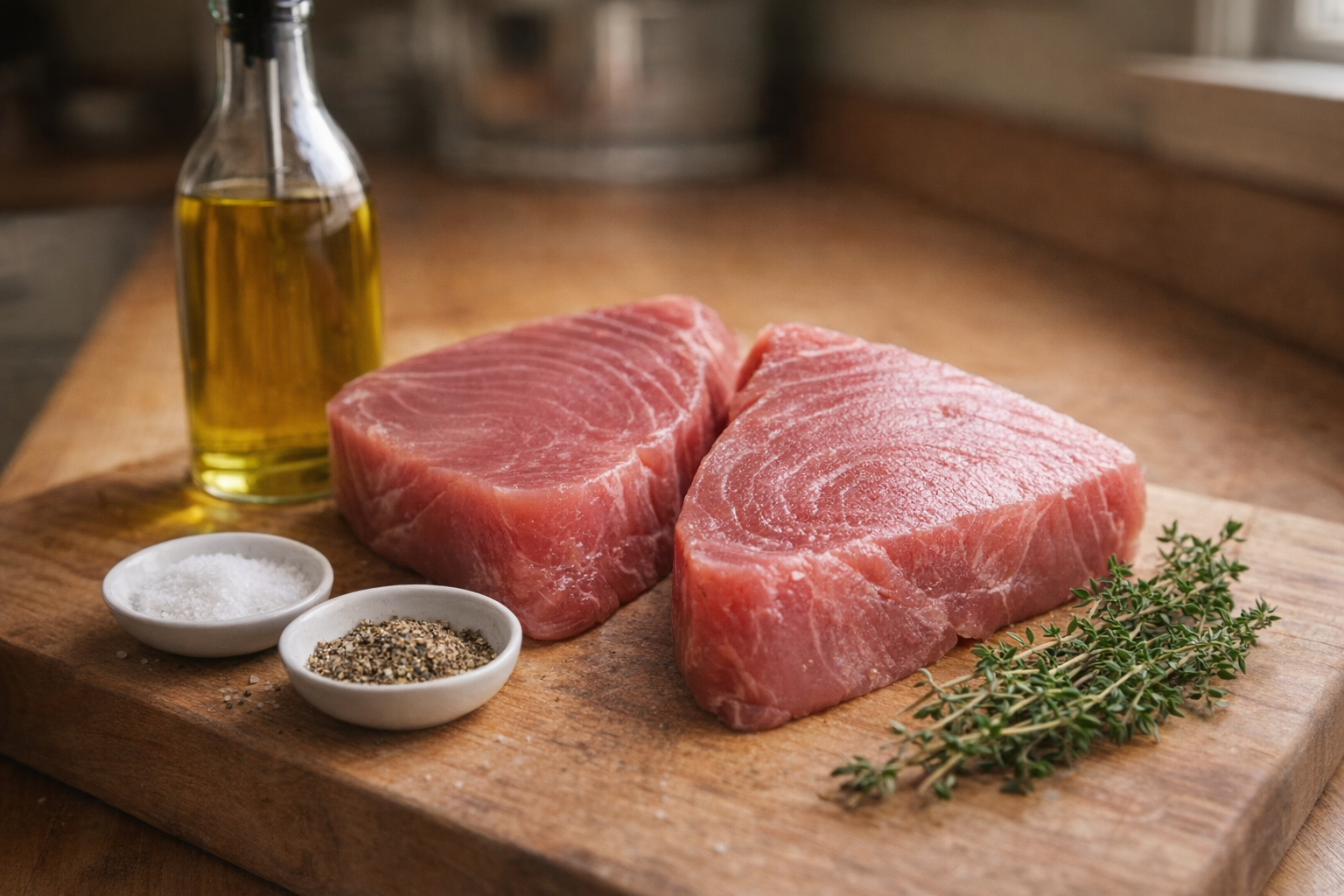 Close up shot of fresh, raw yellowfin tuna steaks on a wooden cutting board, next to a bottle of olive oil, salt, pepper, and a sprig of thyme
